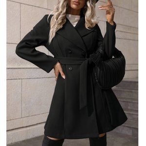 Lapel Neck Double Breasted Belted Overcoat Jacket Black